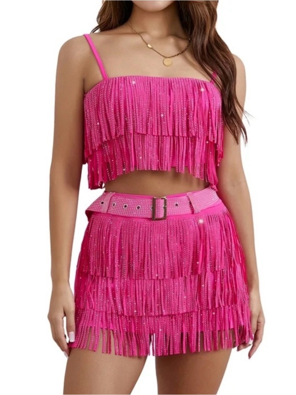 Nylon Apparel Pink rhinestone Fringe Skort Set Cropped Tank + Mini Skirt Small - Picture 5 of 14